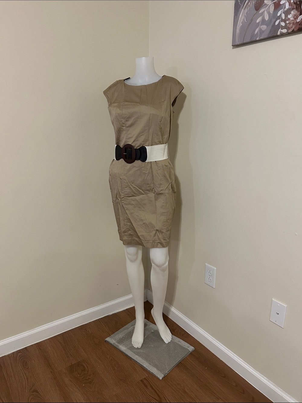 Cato Tan Cap Sleeve Sheath Dress with White Contrast Belt